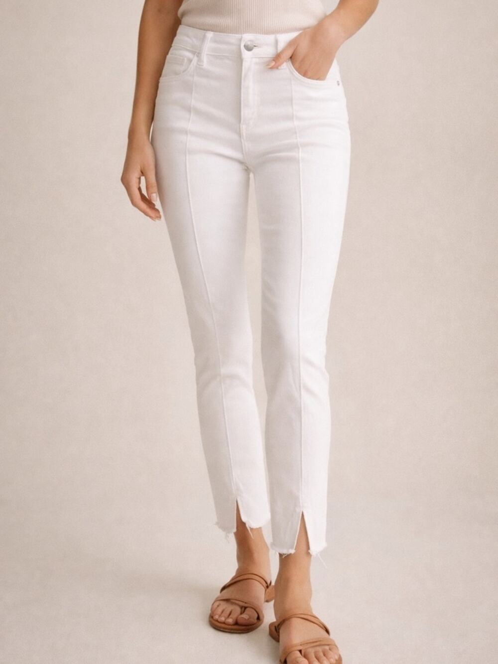 PAIGE Verdugo Ankle White Raw Hem Slim Jeans Front Seam Slit Stretch Size 27
